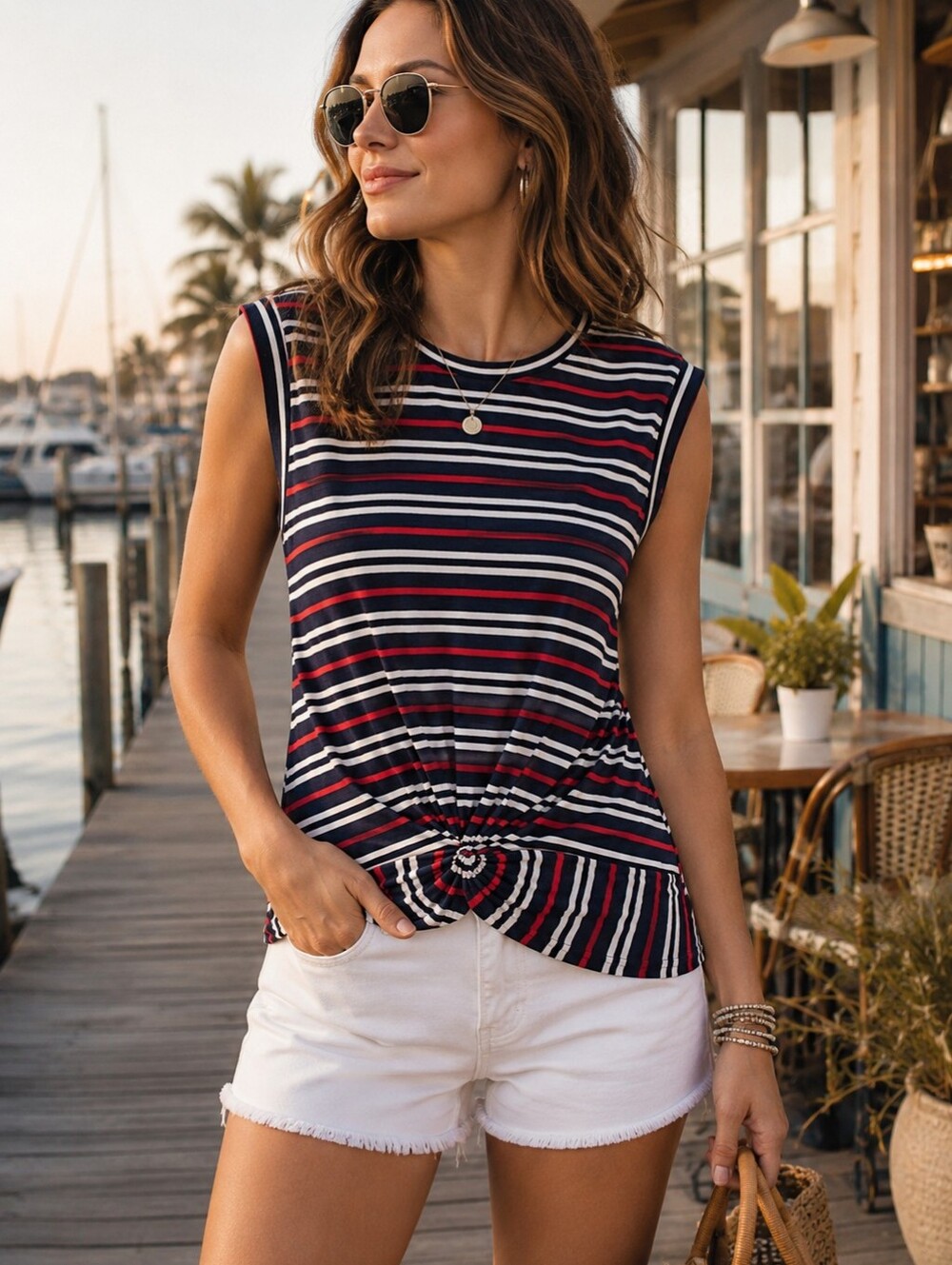 Lucky Brand Striped Twist Front Top Large Nautical Coastal